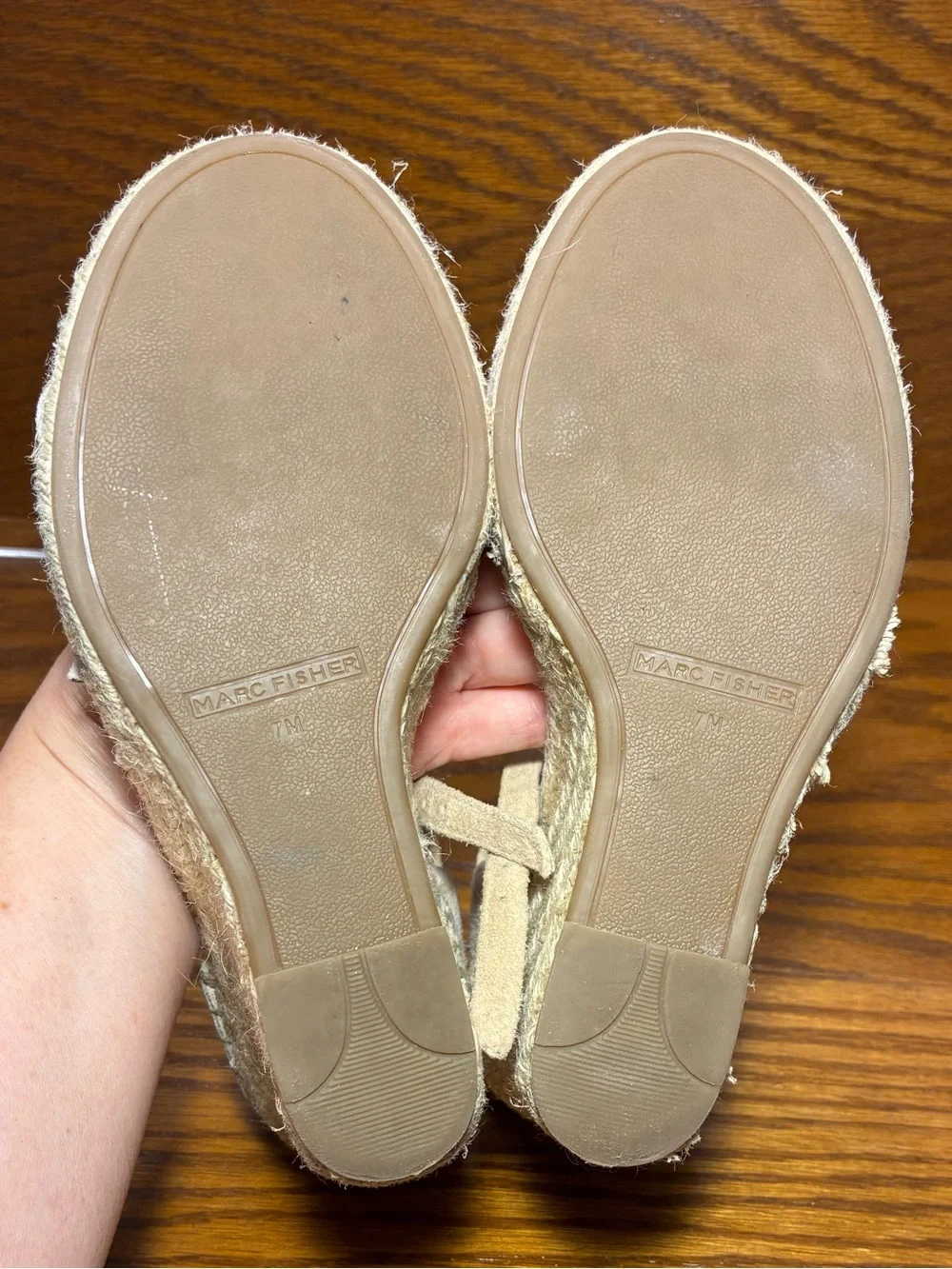 Marc Fisher Suede Ruffle Ankle Strap Espadrille Wedge Sandals Beige Size 7